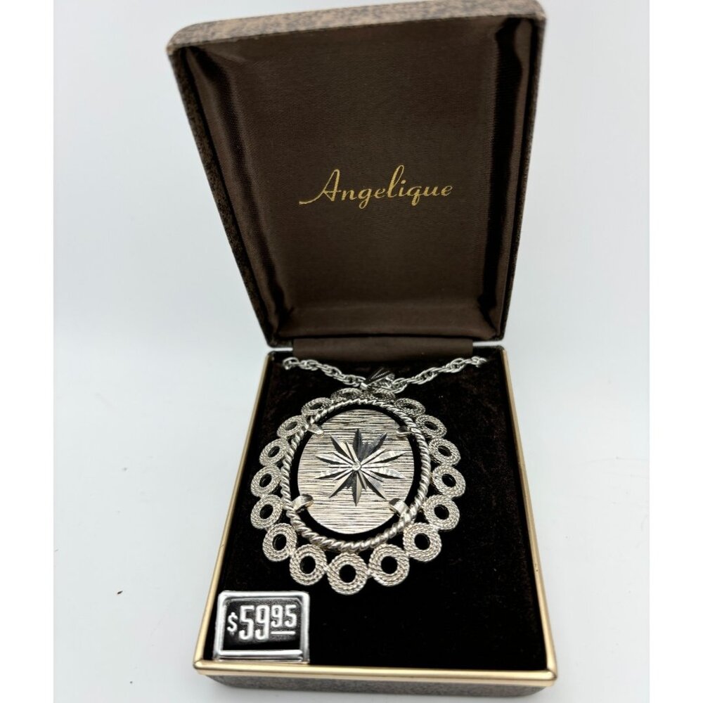1970s Rhinestone Pendant Necklace by Angelique-NOS MCM RARE Silvertone